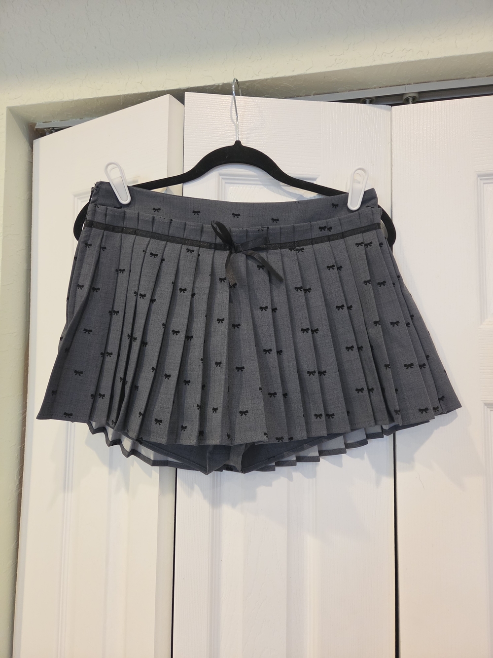 Gray Pleated Skater Skirt with Bow Accent Built-in Shorts
